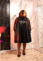 Black satin lace long-sleeve midi dress