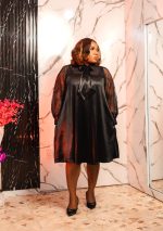 Black satin lace long-sleeve midi dress