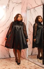Black satin lace long-sleeve midi dress - Image 4